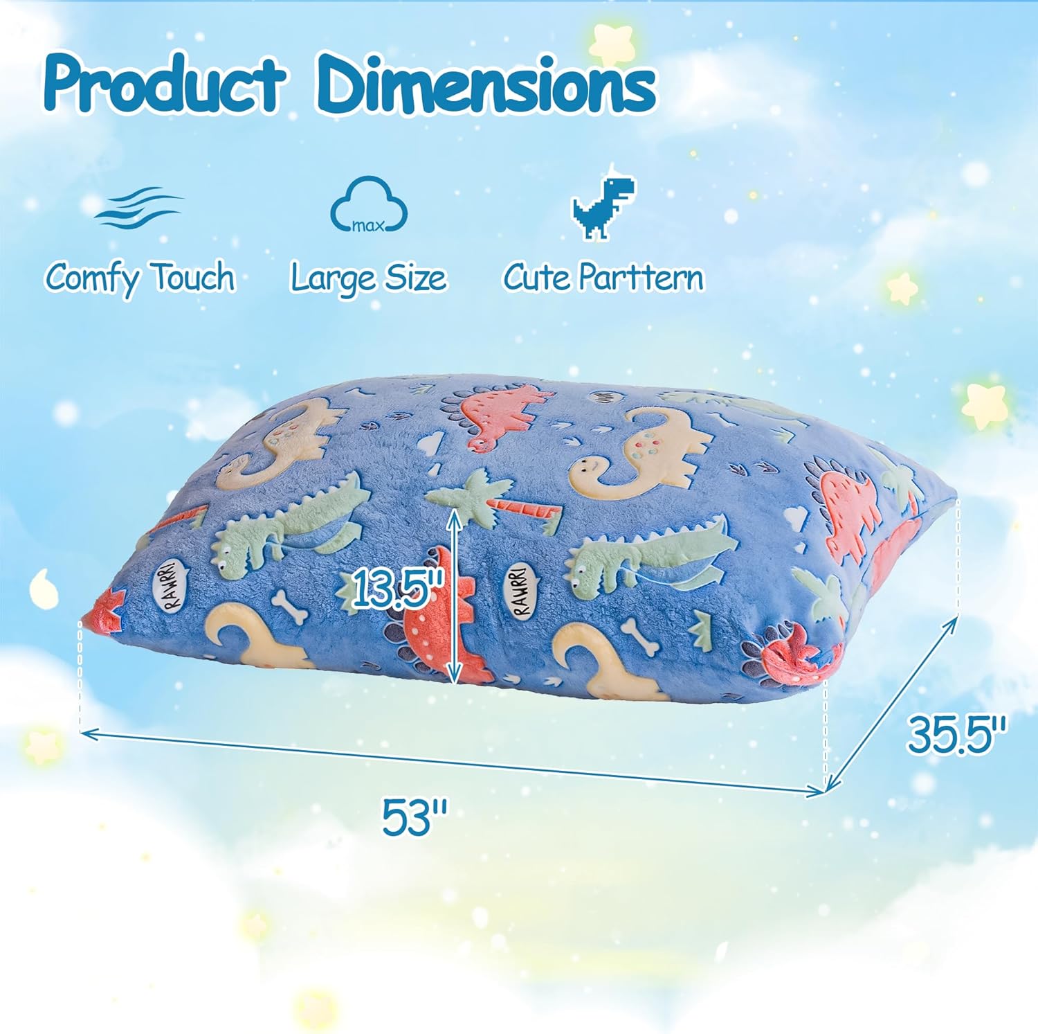 BRINJOY Kids Bean Bag Chair Bed, 3 in 1 Memory Foam Filled Bean Bag Sofa with Removable Cover for Playroom Daycare Bedroom, Toddlers Lazy Floor Mattress Lounger for Boys Girls, Glowing Dinosaur