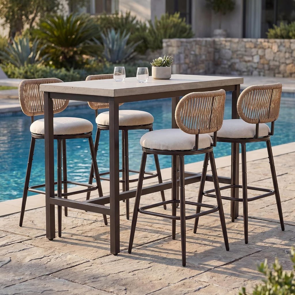 Swivel Outdoor Bar Chairs Set of 4, Hand-Woven Rope Patio Bar Stools with Removable & Washable Cushions, 360° Swivel Metal Frame, All-Weather High Top Chairs, 400 lbs Capacity, Beige