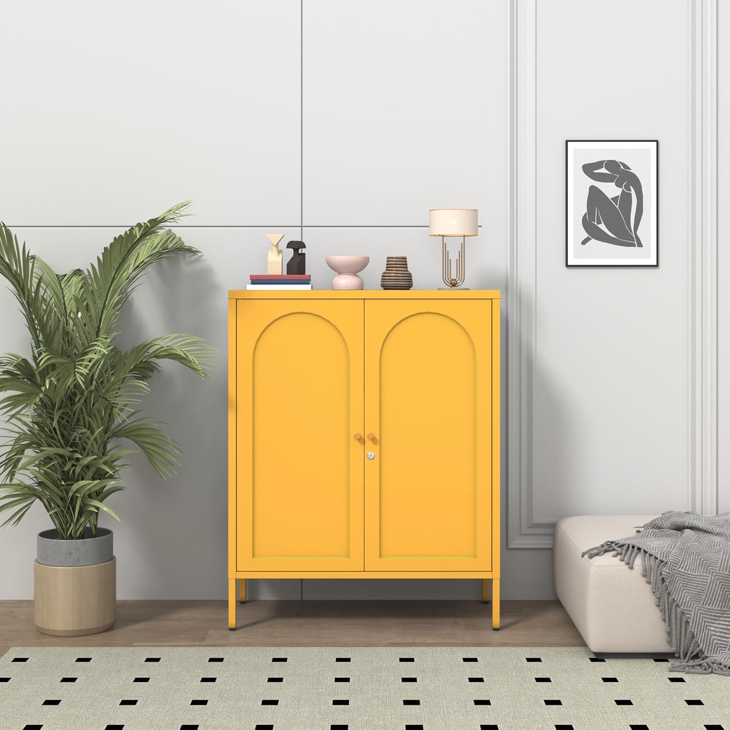 36" H Metal Sideboard Buffet Cabinet with Lockable Doors, Arched Door Design, 2 Adjustable Shelves, Cold-Rolled Steel Accent Storage Cabinet for Entryway, Living Room, Hallway Yellow