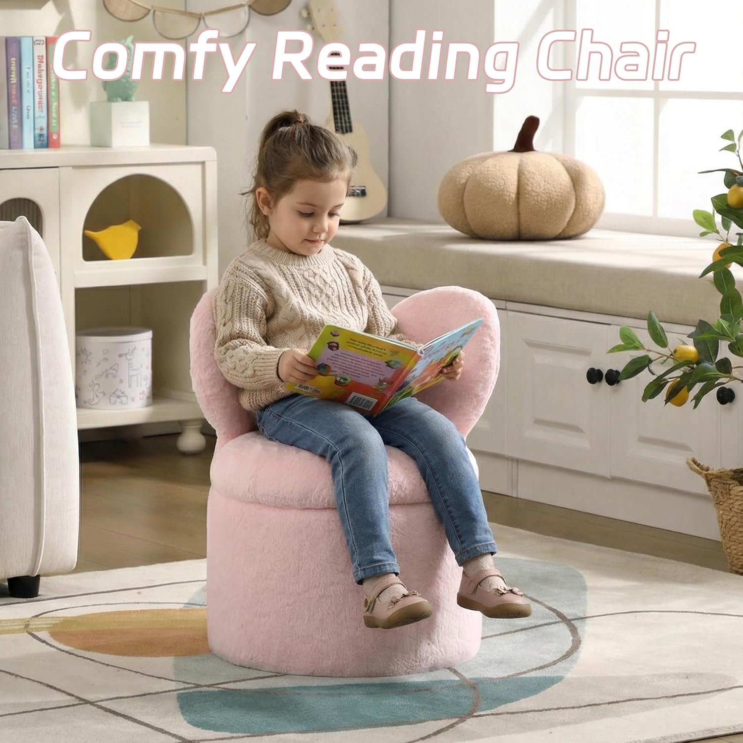 Toddler Chair Comfy Kids Chair with Storage, Cute Butterfly Chair for Girls, Plush Kids Reading Chair, 2 in 1 Pink Storage Ottoman Chair, Desk Chairs for Kids Furniture Decor Gifts, Pink