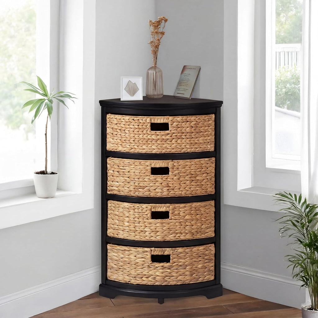 eHemco Hampton Meadows 4 Tier X-Side Corner Table Storage Cabinet with 4 Wicker Baskets, Black, 32.2 Inches High, 14 Inches Wide