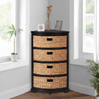 eHemco Hampton Meadows 4 Tier X-Side Corner Table Storage Cabinet with 4 Wicker Baskets, Black, 32.2 Inches High, 14 Inches Wide