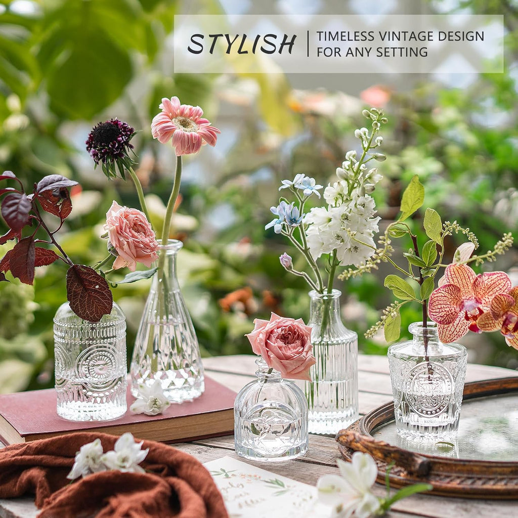 SUPMIND Glass Bud Vase Set of 5, Clear Small Flower Vases for Centerpieces in Bulk, Mini Vintage Vase for Rustic Wedding, Home,Table
