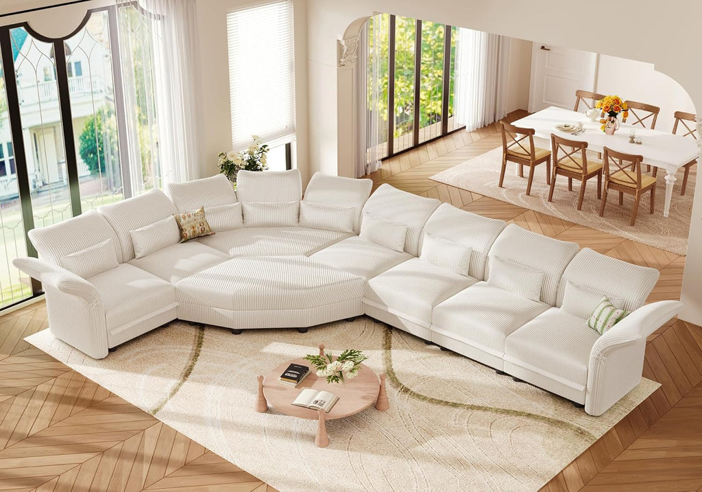 LLappuil Curved Oversized Sectional Couch with Storage & Hexagon Seat, L Shaped Modular Sectional Sofa for Living Room with Adjustable Arms Backs, Thick Plush Cushions, 8 Seater, Beige Corduroy