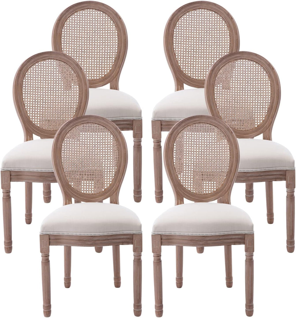Nrizc Farmhouse Fabric Dining Room Chairs Set of 6, French Chairs with Round Back, Rattan Dining Chair, Oval Side Chair for Dining Room/Kitchen/Restaurant
