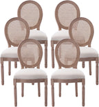 Nrizc Farmhouse Fabric Dining Room Chairs Set of 6, French Chairs with Round Back, Rattan Dining Chair, Oval Side Chair for Dining Room/Kitchen/Restaurant