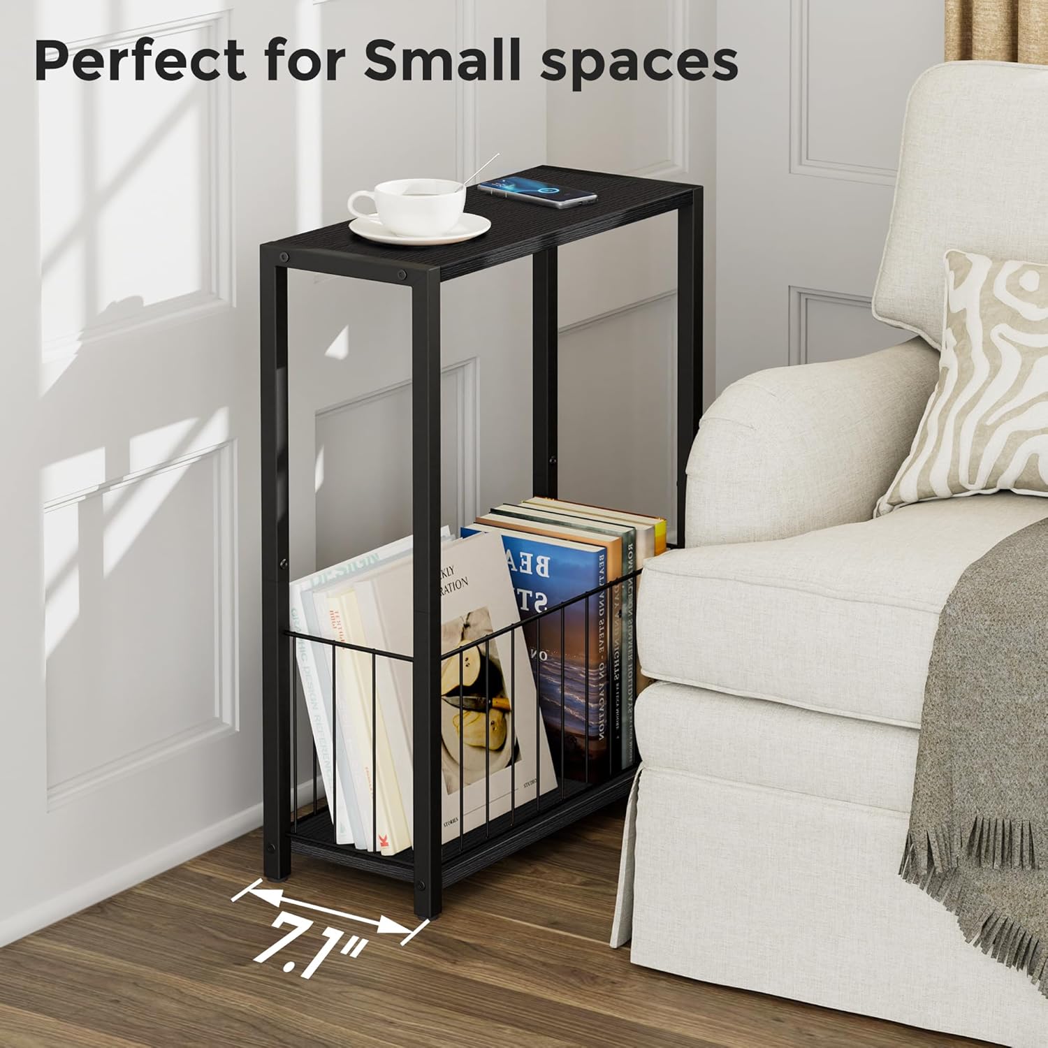 Homleke Narrow Side Table with Magazine Holder, Skinny End Table Perfect for Small Spaces, Space-Saving Design for Living Room, Bedroom, or Office, 7.1" D x 16.9" W x 23.6" H, Black