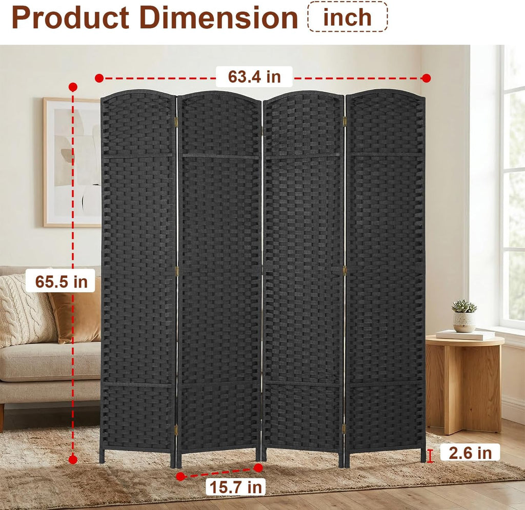 FDW Room Divider 4 Panel Screen 5.6 Ft Tall Partition Privacy Screens Folding Room Separation Free Standing Waterproof Wood Frame Wall Divider, Coal Black