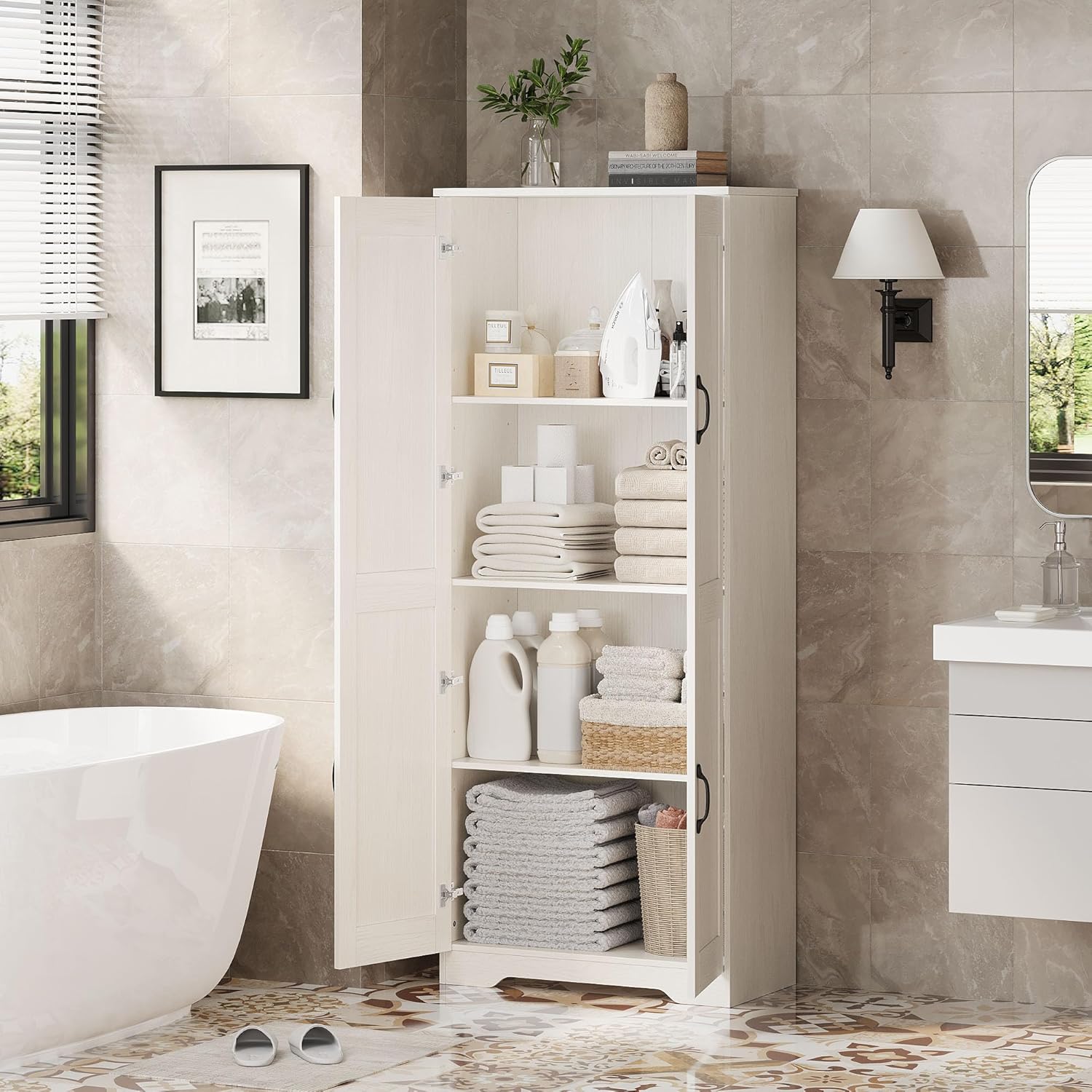 Garvee Tall Pantry Cabinet, 60" Kitchen Storage Cabinet with 2 Doors & Adjustable Shelves, Freestanding Wooden Cupboard for Bathroom，Dining Room, Living Room,White