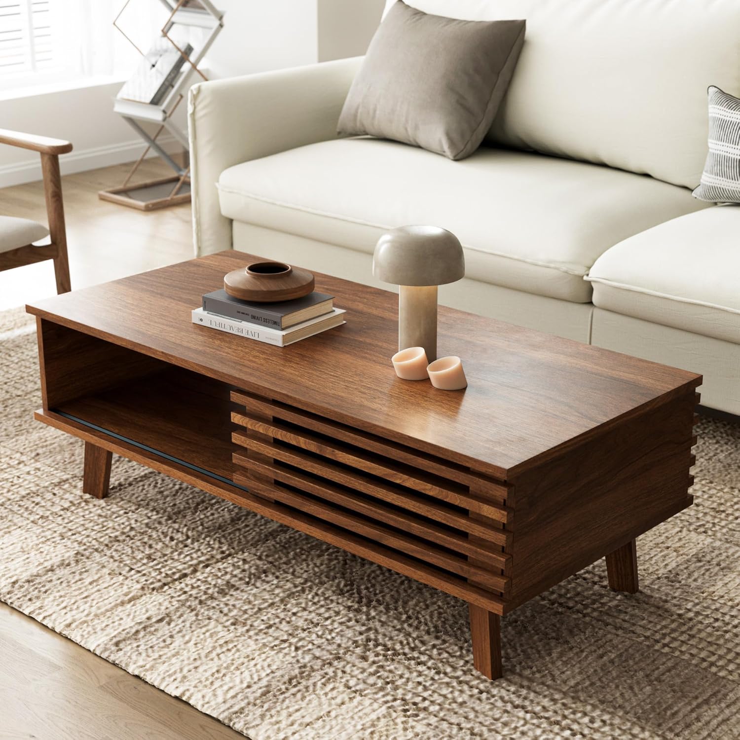 Furniway Living Room Table Sets of 2, Mid Century Coffee Table and TV Stand, Wood Coffee Table with Storage, Modern TV Stand for Bedroom, Living Room, Walnut