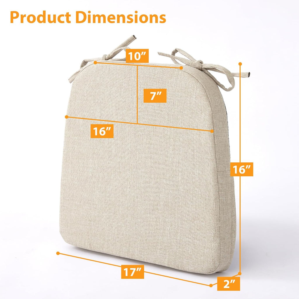 Ruqmuis Chair Cushions for Dining Chairs, 2" Thick Seat Cushions for Kitchen Chairs, D-Shaped Chair Pads with Washable Cover, Ties and Non Slip Backing, 17'' x 16'', Set of 4, Beige