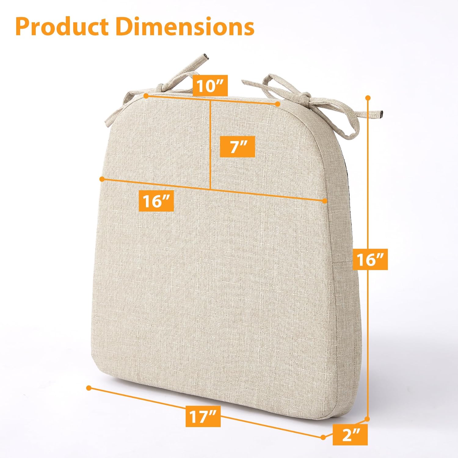 Ruqmuis Chair Cushions for Dining Chairs, 2" Thick Seat Cushions for Kitchen Chairs, D-Shaped Chair Pads with Washable Cover, Ties and Non Slip Backing, 17'' x 16'', Set of 4, Beige