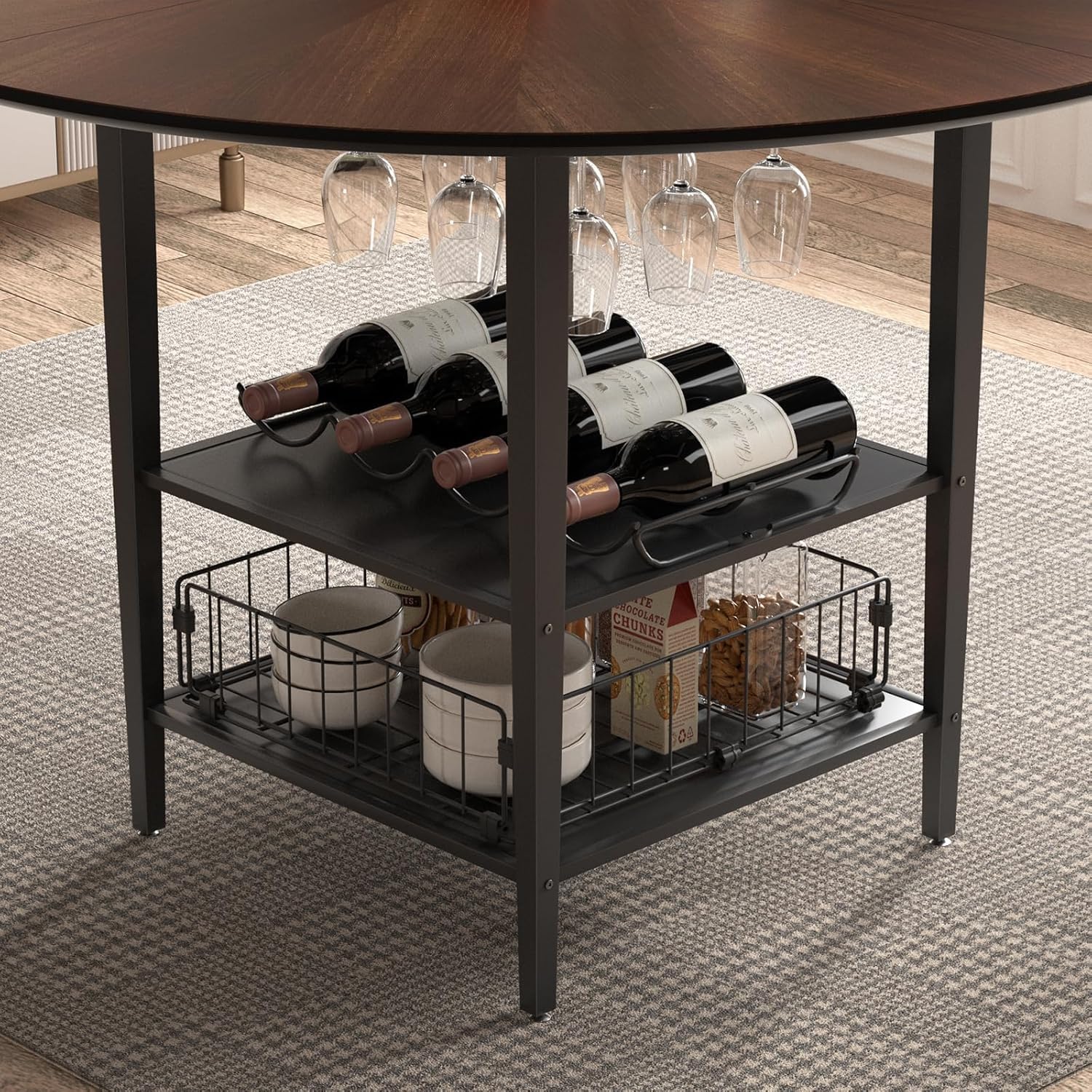 VFK 47" Round Kitchen Table Set with Storage Base & Metal Legs, 5-Piece Wooden Dining Set for 4 to 6 People, Includes 4 Upholstered Chairs for Dining Room, Living Room or Kitchen