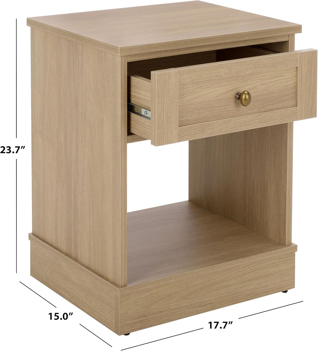 SAFAVIEH Home Collection – Shafa 1-Drawer 1-Shelf Side Table, Natural Finish with Brass Metal Accents, Storage Accent Table for Living Room or Office (ACC3100B)