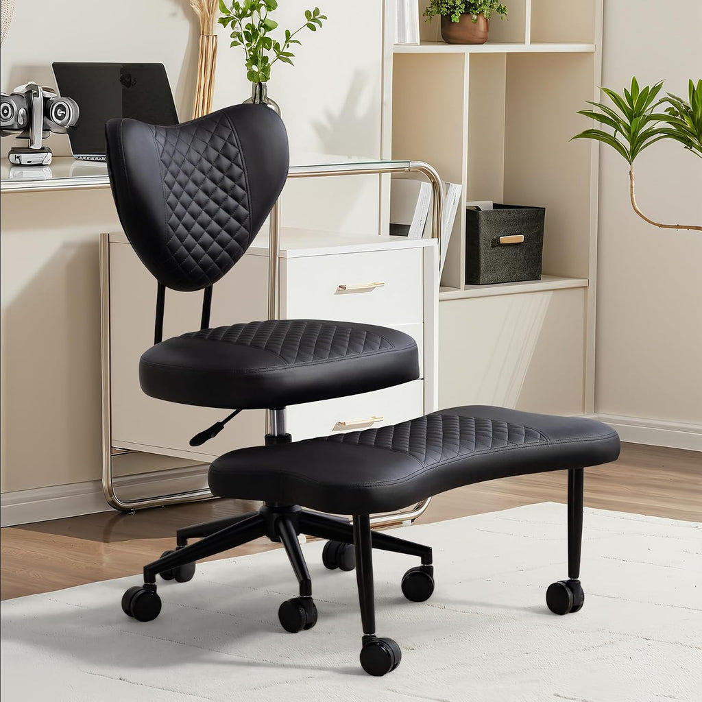 Cross Legged Ergonomic Office Chair, ADHD Meditation Chair with Lumbar Support and A Height-Adjustable Yoga Kneeling Seat Cushion, Velvet for Home Office, High Hntensity Office Work (Black)