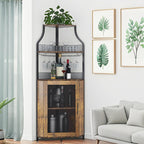 Corner Bar Cabinet, 61" Tall Farmhouse Wine Cabinet with Led Light & Detachable Wine Rack, 5-Tier Industrial Wine Cabinet with Glass Holder & Adjustable Shelves & Feet for Dining, Living Room, Kitchen