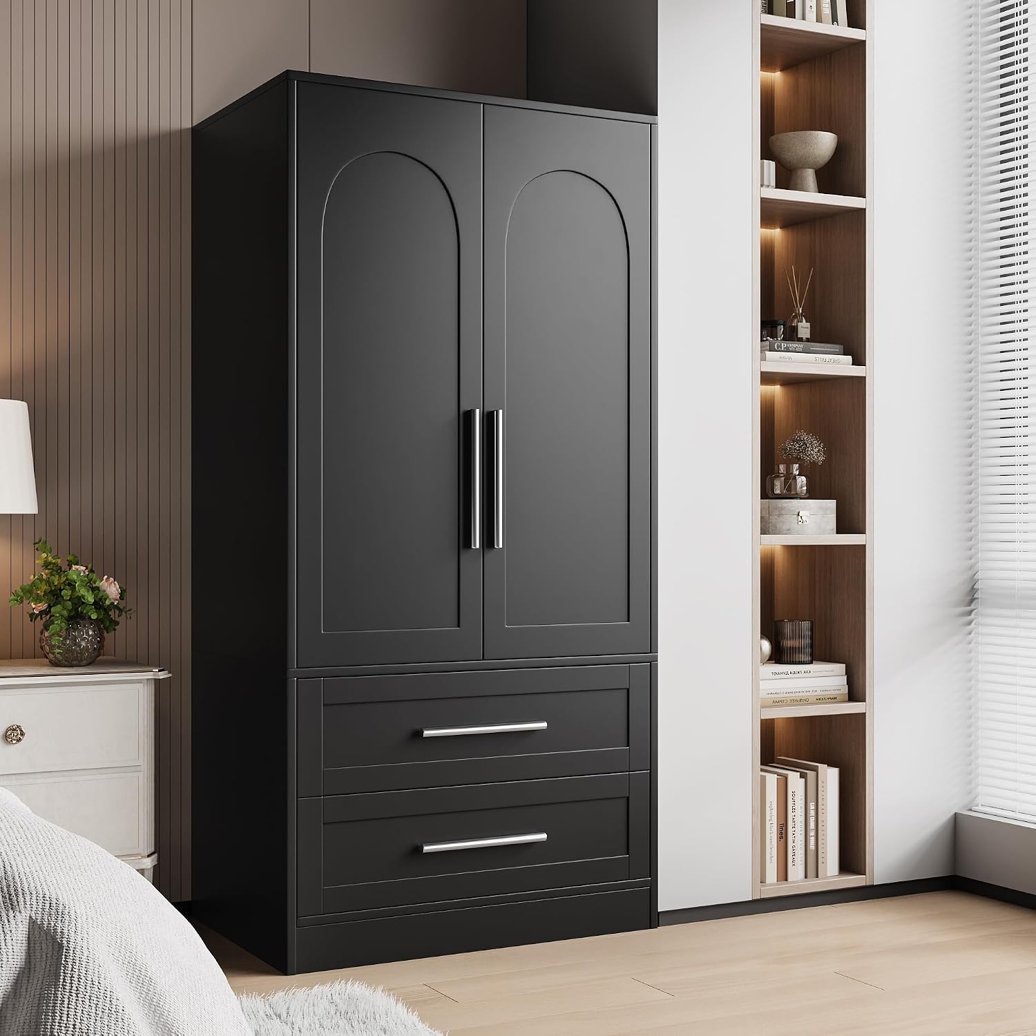 iPormis Wooden Armoire Wardrobe Closet with 2 Drawers, Clothing Storage Cabinet with Shelves Aluminum Hanging Rod, Wardrobe Storage with Strong Door Closure, Modern Bedroom Clothing Armoires, Black
