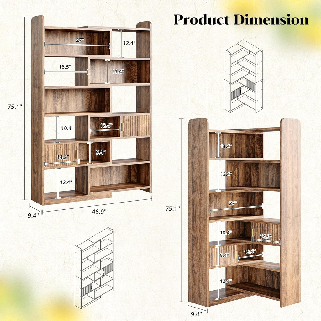 DurayLoly 75" Tall Corner Bookshelf, 7 Tiers Wood Bookcase with 2 Enclosed Storage Cabinet, Adjustable Corner Cabinet for Living Room, Home Office, Bedroom, Kitchen, Brown