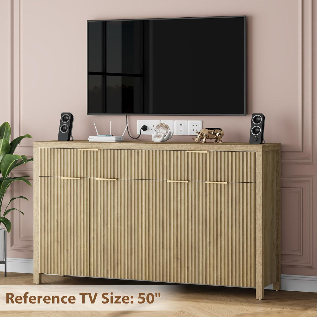 YaFiti Sideboard Buffet Cabinet Fluted Storage Cabinet, 55.1" Large Credenza with Storage & Adjustable Shelves, Modern Accent Cabinet Wood for Dining Room, Living Room, Entryway, Natural Oak