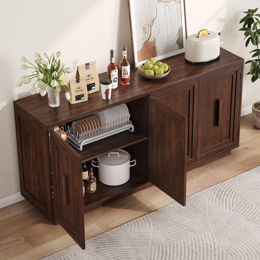 ONBRILL 63 Inch Sideboard Buffet Cabinet with Storage, Large Coffee Bar Cabinet with 4 Doors, Adjustable Shelves, Credenza Storage Cabinets for Kitchen, Living Room, Entryway, Dark Walnut