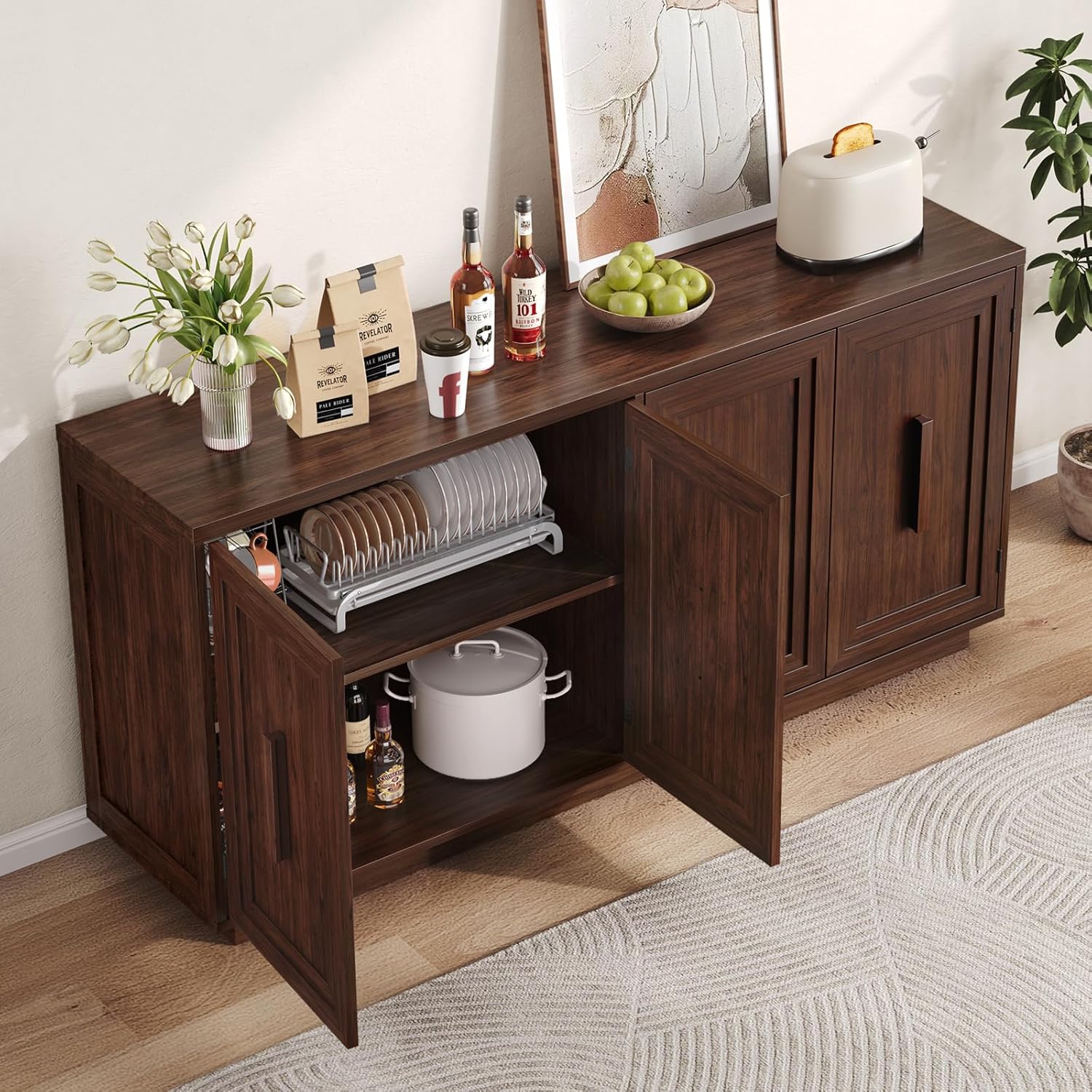 ONBRILL 63 Inch Sideboard Buffet Cabinet with Storage, Large Coffee Bar Cabinet with 4 Doors, Adjustable Shelves, Credenza Storage Cabinets for Kitchen, Living Room, Entryway, Dark Walnut