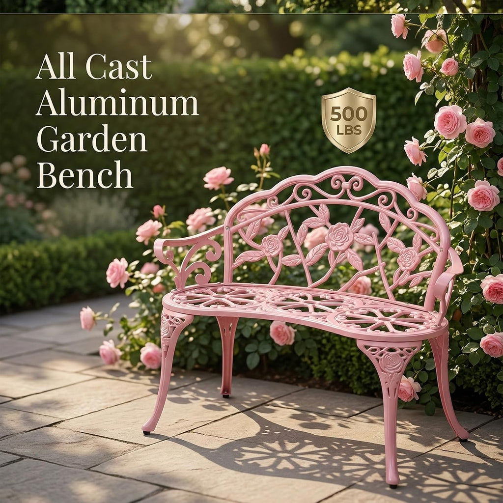 Cast Aluminium Outdoor Bench, Rose Garden Bench for Patio,Park,Lawn,Yard (Pink)
