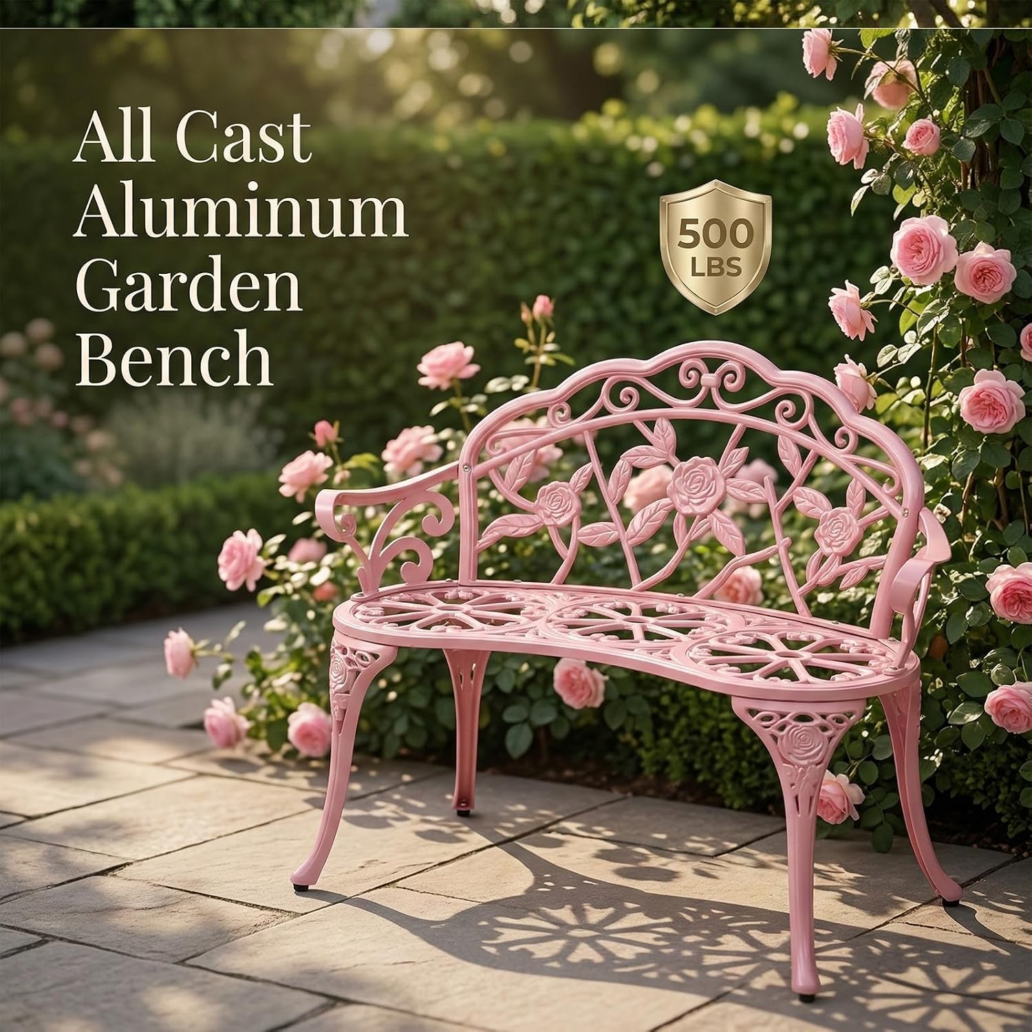 Cast Aluminium Outdoor Bench, Rose Garden Bench for Patio,Park,Lawn,Yard (Pink)