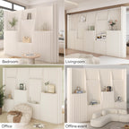Portable Accordion Paper Room Divider with Storage Shelves, Folding Privacy Screen Partition Wall, Freestanding Room Separator for Office, Studio Apartment, Home, Dorm, Exhibition (13.2'W x 6.6'H)