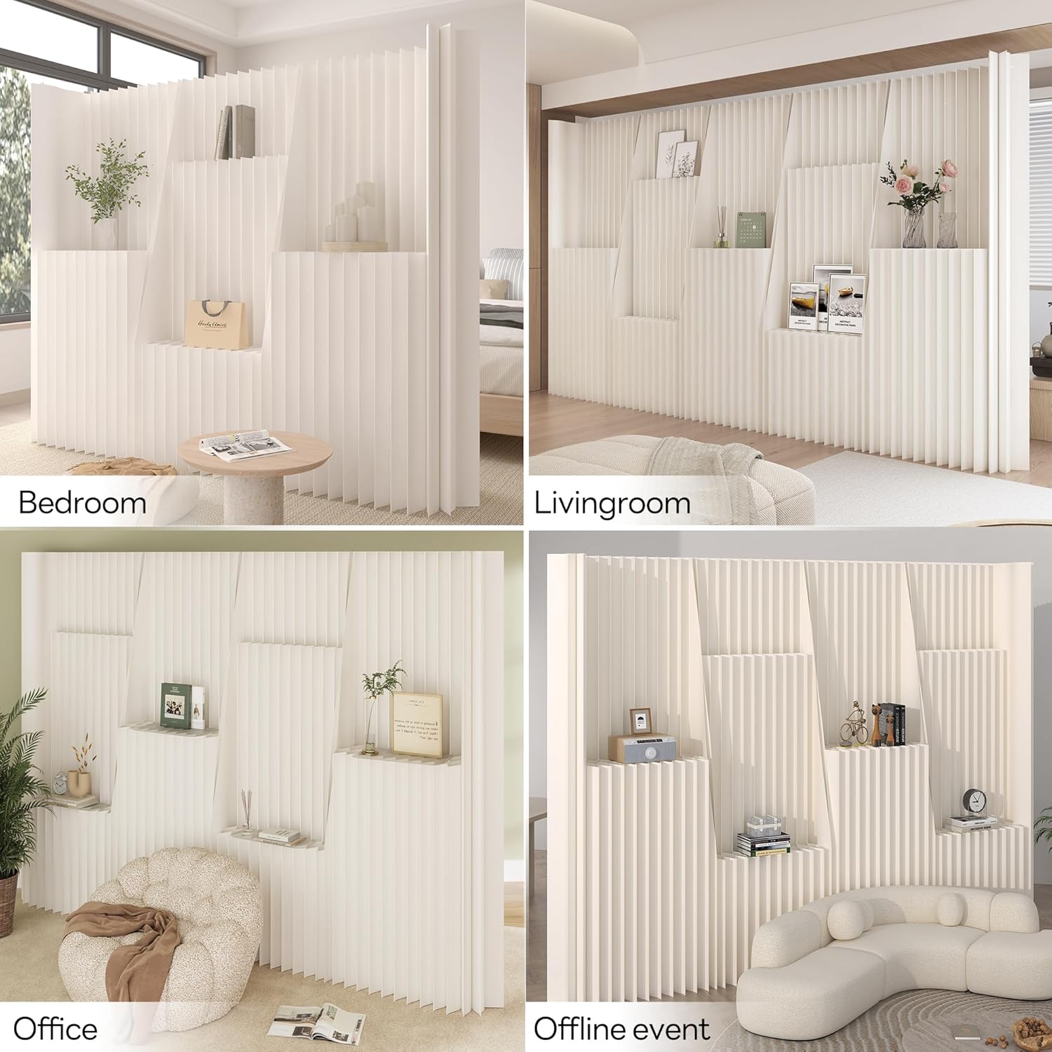 Portable Accordion Paper Room Divider with Storage Shelves, Folding Privacy Screen Partition Wall, Freestanding Room Separator for Office, Studio Apartment, Home, Dorm, Exhibition (13.2'W x 6.6'H)