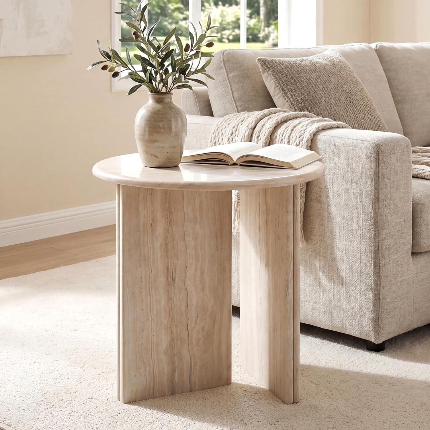DUOMAY Wood Round Side Table Small Faux Marble Bedside Table 18" Modern End Table Natural Travertine Finish for Living Room, Bedroom, Sofa Side, Reception Room, Luxury Minimalist, Beige