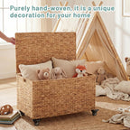 Wonderjune 36 x 20 x 18.5 Inch Rolling Wicker Storage Basket with Lid and Locking Wheels, Water Hyacinth Storage Trunk, Heavy Duty Metal Frame Woven Blanket for Seasonal Clothes Laundry Room, Bedroom