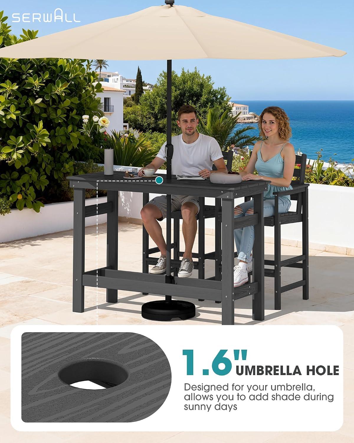 SERWALL Outdoor Bar Set - 4 Adirondack Bar Chairs & Bar Height Table with 1.6" Umbrella Hole, All-Weather HDPE Patio Furniture for Poolside, Backyard, Garden - Grey