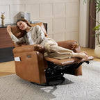 Power Recliner Chair with Adjustable Lumbar Support, Swivel Rocker Recliner with Overstuffed Armrests, Nursery Glider Recliner, Rocking Chair Nursery for Bedroom,USB&Type-C,Faux Leather Camel