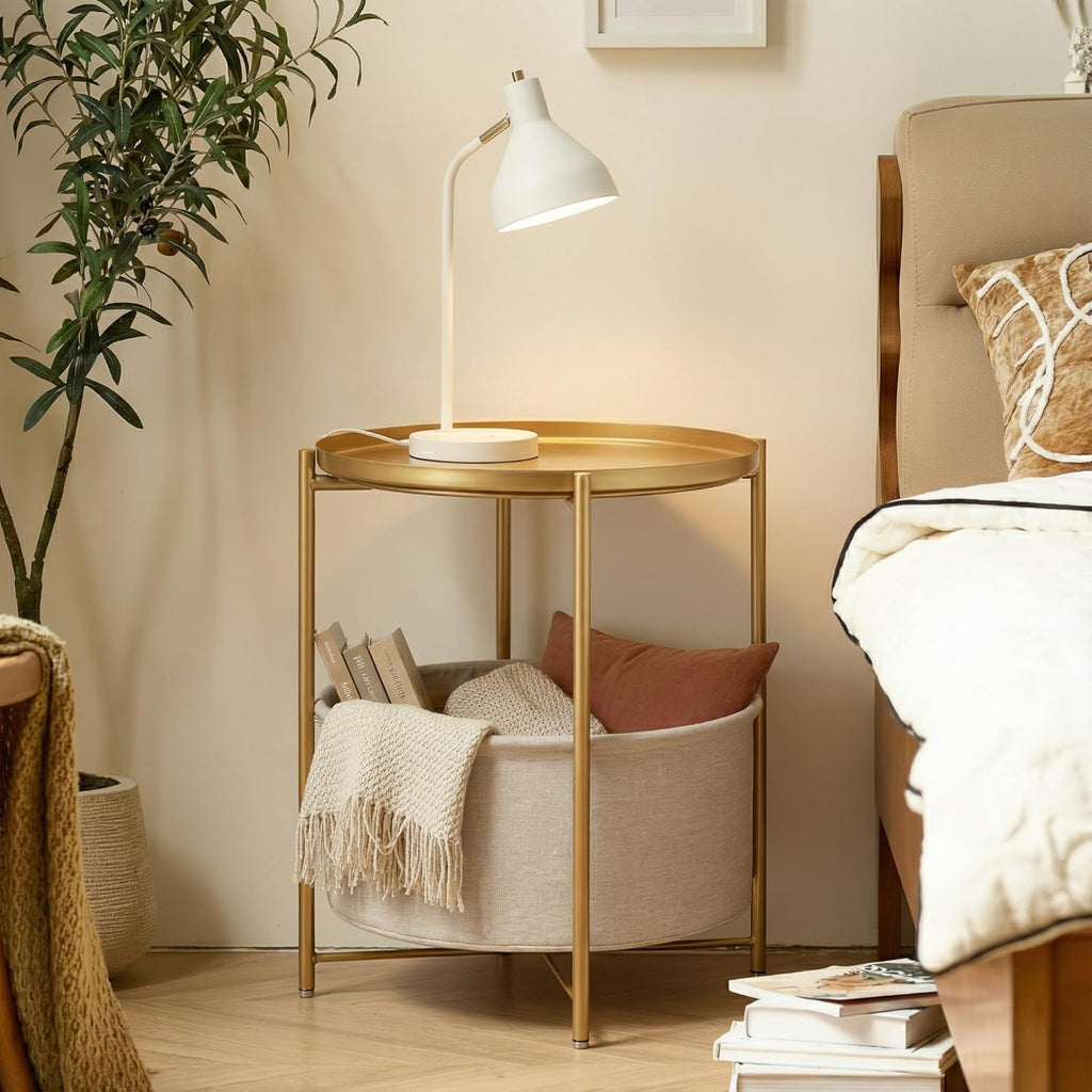 danpinera Gold Side Table with Fabric Storage Basket, Metal Round Side Small Bedside Table Nightstand with Removable Tray for Living Room, Bedroom, Outdoor Table for Patio, Nursery, Bathroom, Gold