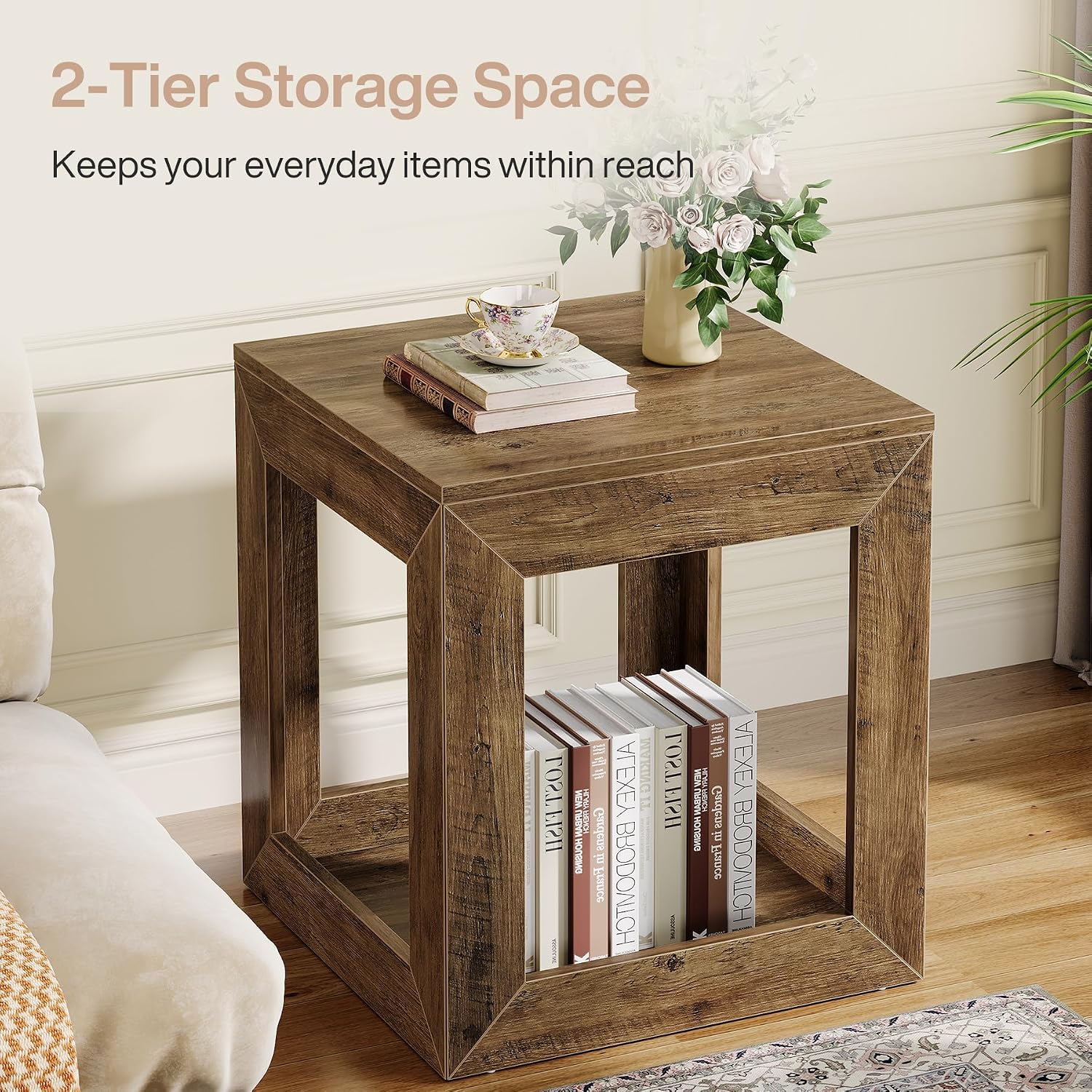 Tribesigns Farmhouse End Table, 20" Large Square Side Table with Storage Shelf, Rustic Wood Nightstand for Bedroom, Living Room, and Office, Easy Assembly (Rustic Brown, 1PC)