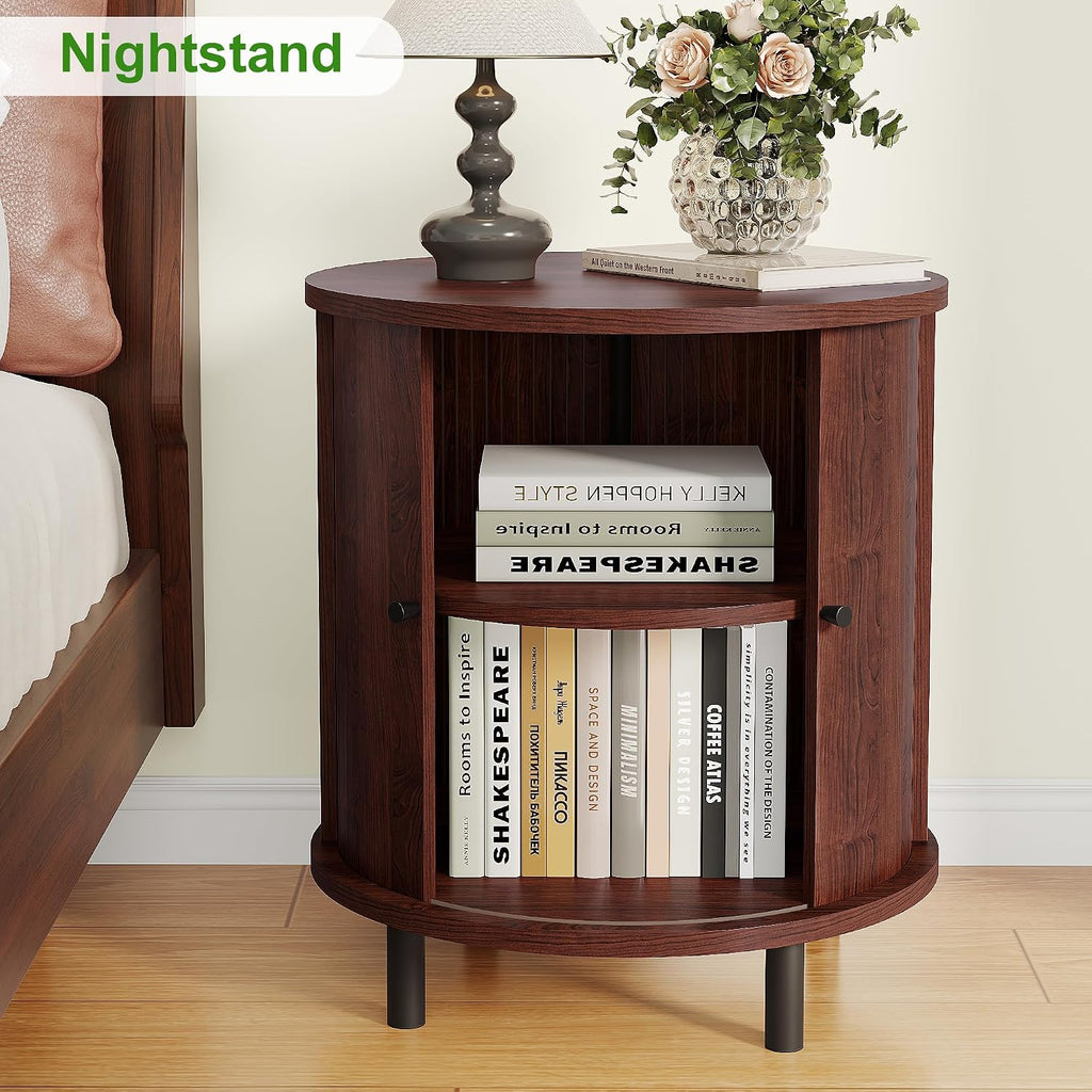 FROMJBEST Round End Table with Storage, Fluted Accent Side Table with Sliding Door, Mid-Century Nightstand for Small Spaces, Living Room, Bedroom (1, Walnut)