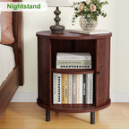 FROMJBEST Round End Table with Storage, Fluted Accent Side Table with Sliding Door, Mid-Century Nightstand for Small Spaces, Living Room, Bedroom (1, Walnut)