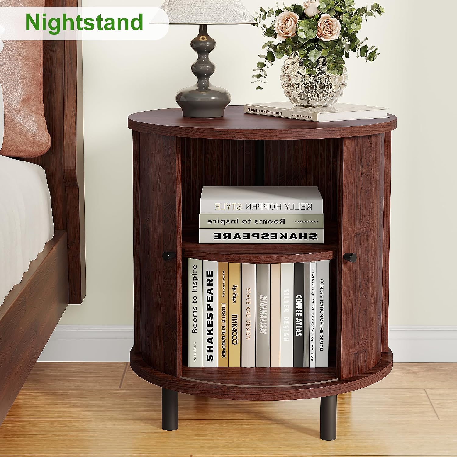 FROMJBEST Round End Table with Storage, Fluted Accent Side Table with Sliding Door, Mid-Century Nightstand for Small Spaces, Living Room, Bedroom (1, Walnut)