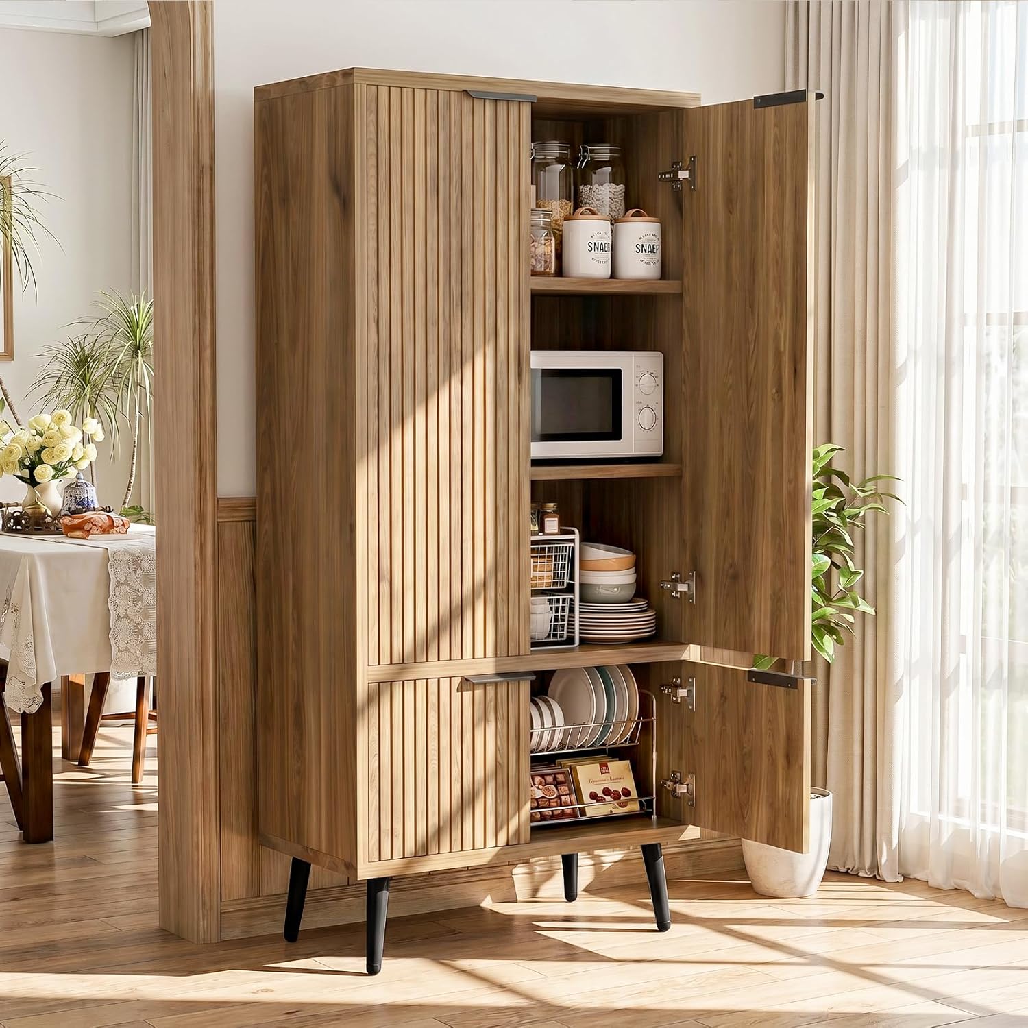 Oak Fluted 51" Tall Wooden Kitchen Pantry Storage Cabinet Food Organize with Adjustable Shelves, Modern Accent Cabinet Sideboard Buffet for Dining Room, Entryway, Bathroom, Home Office