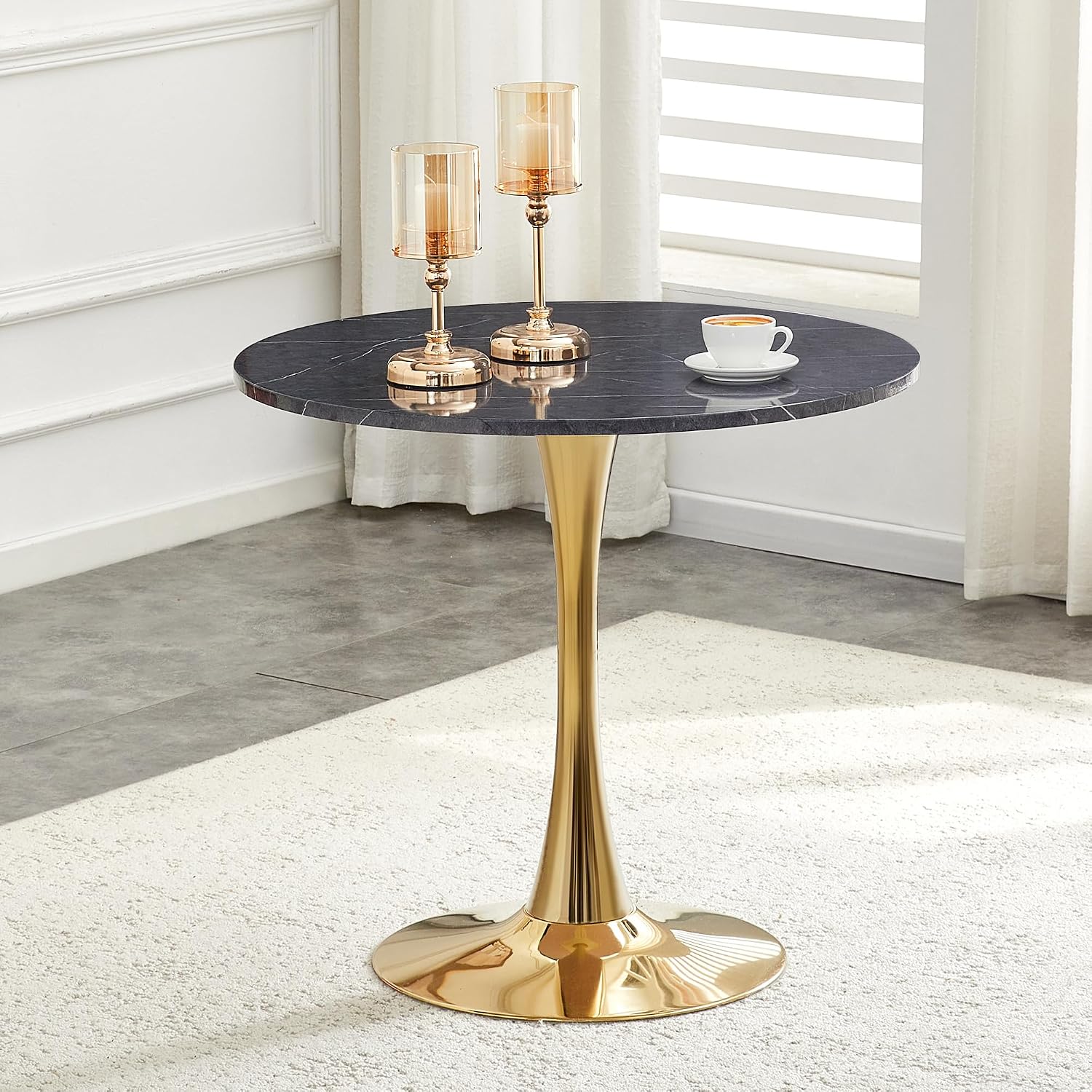 Marble Pattern Round Dining Table for Small Space,32" Tulip Tables with Gold Metal Pedestal Base,Bistro Table for 2/3/4 People for Office,Apartment,Kitchen,Break Room(Only Table)