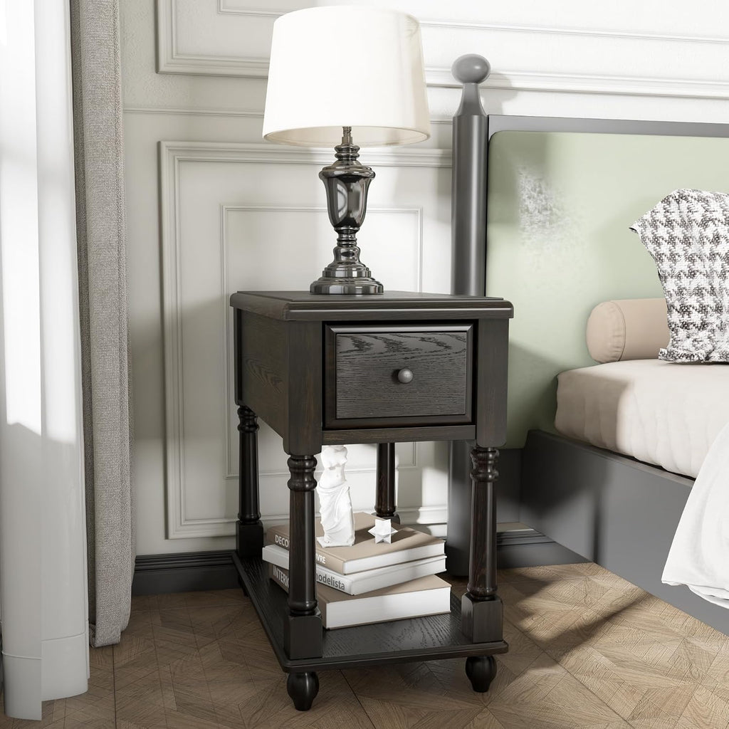 Narrow End Side Table with Drawer and Storage Shelf Set of 2, Solid Wood Sofa Tables, Slim Beside Table for Small Spaces, Living Room, 22"L x 13"W x 22.3"H No-tools Assembly Vintage Black BBJ004BK