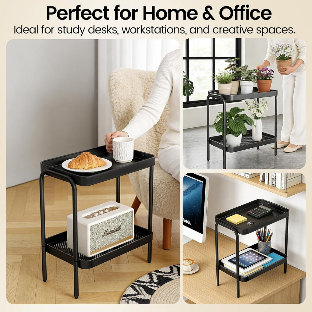 2 in 1 Desktop & Floor End Table with Storage Shelves, Compact 2-Tier Side Table for Office Desk Organization, Bedside Nightstand, Small Space Nightstand for Living Room, Bedroom, Office