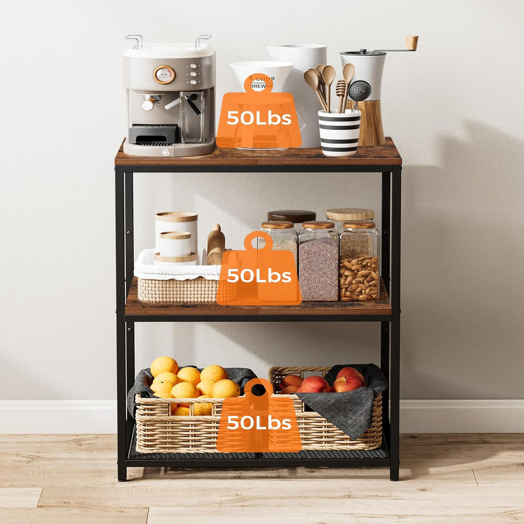 Homleke Kitchen Island with 3 Shelves, Kitchen Shelf with Large Workstation, Bakers Rack, Workbench, Metal Frame, Rustic Brown and Black