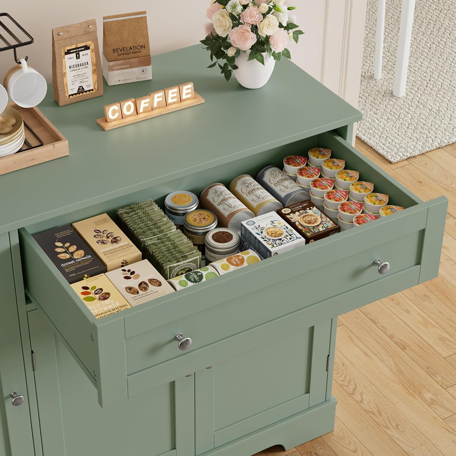 HOSTACK Buffet Cabinet with Storage, Modern Sideboard Buffet with Doors, Wood Coffee Bar Kitchen Storage Cabinet with Drawer and Adjustable Shelf for Kitchen, Dining Room, Living Room, Green