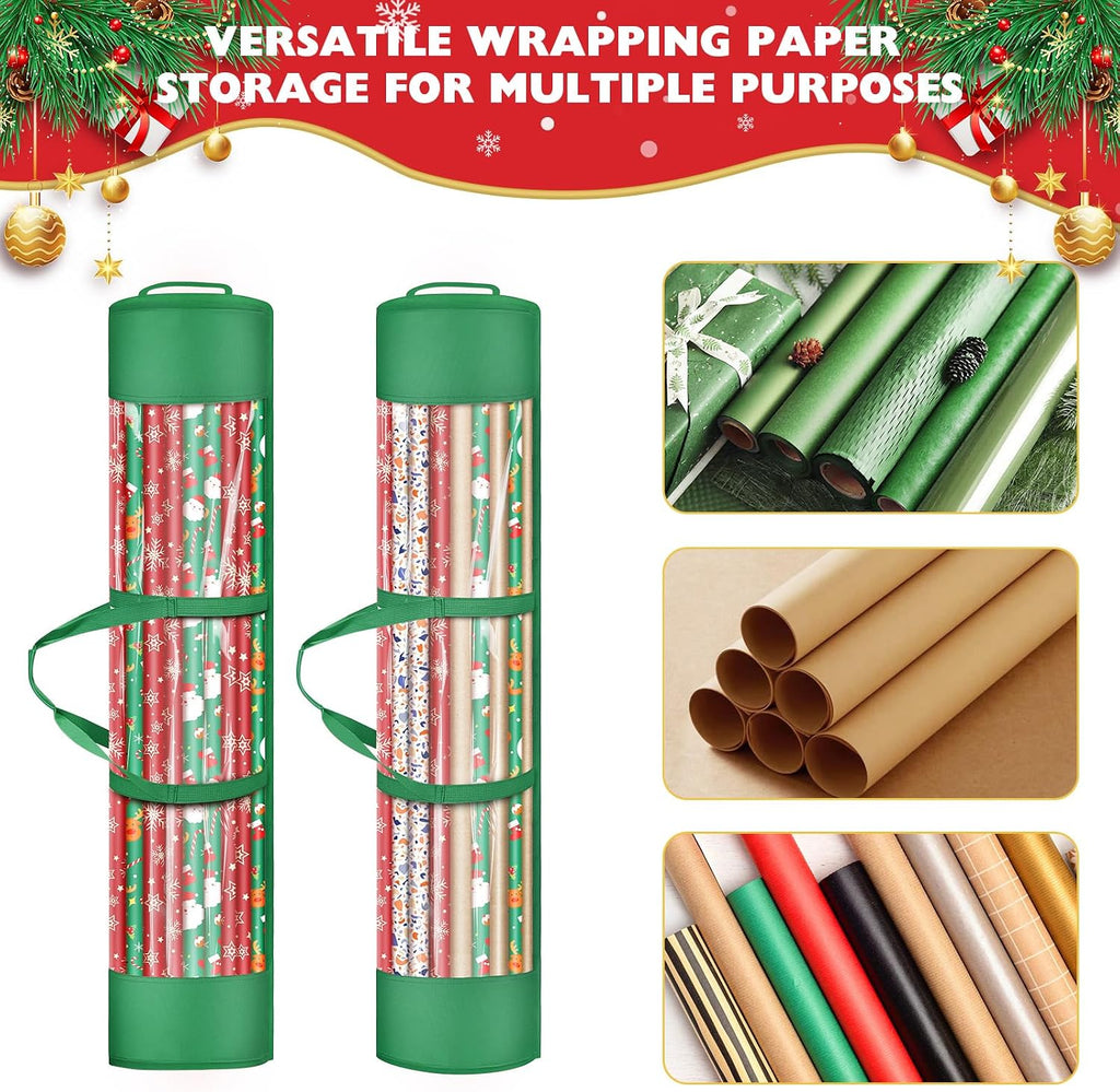 2Pack Christmas Gift Wrapping Paper Organizer Storage 40 Inch Wrapping Paper Storage Holder Gift Wrap Storage Containers Durable 600D Oxford Fabric for Holiday, Christmas, Fits 18-25 Rolls, Green