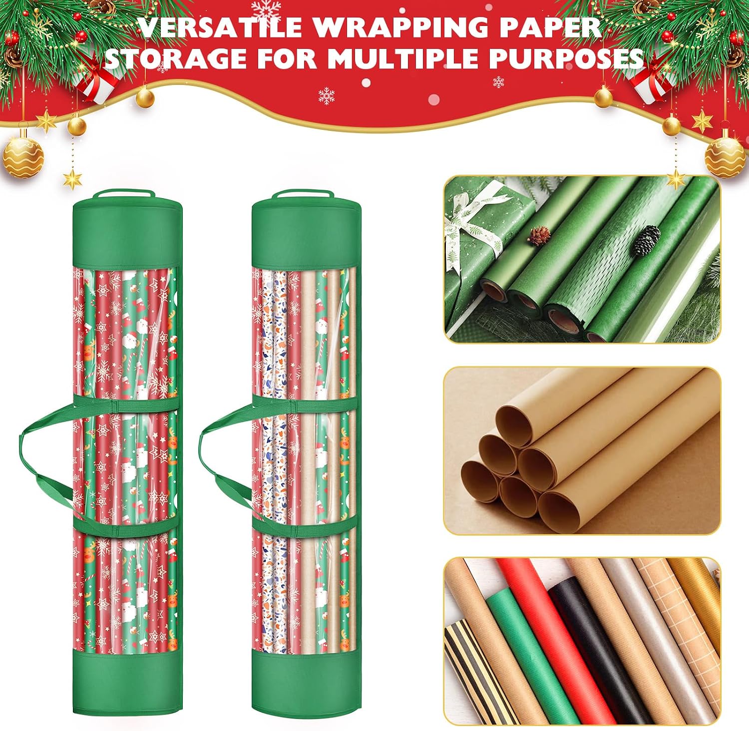 2Pack Christmas Gift Wrapping Paper Organizer Storage 40 Inch Wrapping Paper Storage Holder Gift Wrap Storage Containers Durable 600D Oxford Fabric for Holiday, Christmas, Fits 18-25 Rolls, Green