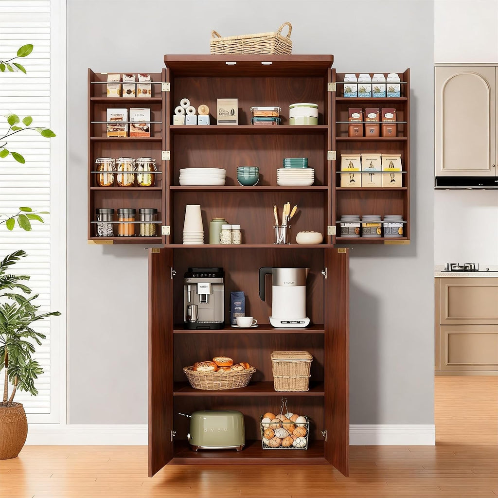 72" Tall Kitchen Pantry Cabinet, Modern Fluted Wood Storage Cabinet with Doors and 6 Shelves, 8 Door Shelves, Cupboard for Kitchen, Dining Room, Living Room and Bathroom, Walnut