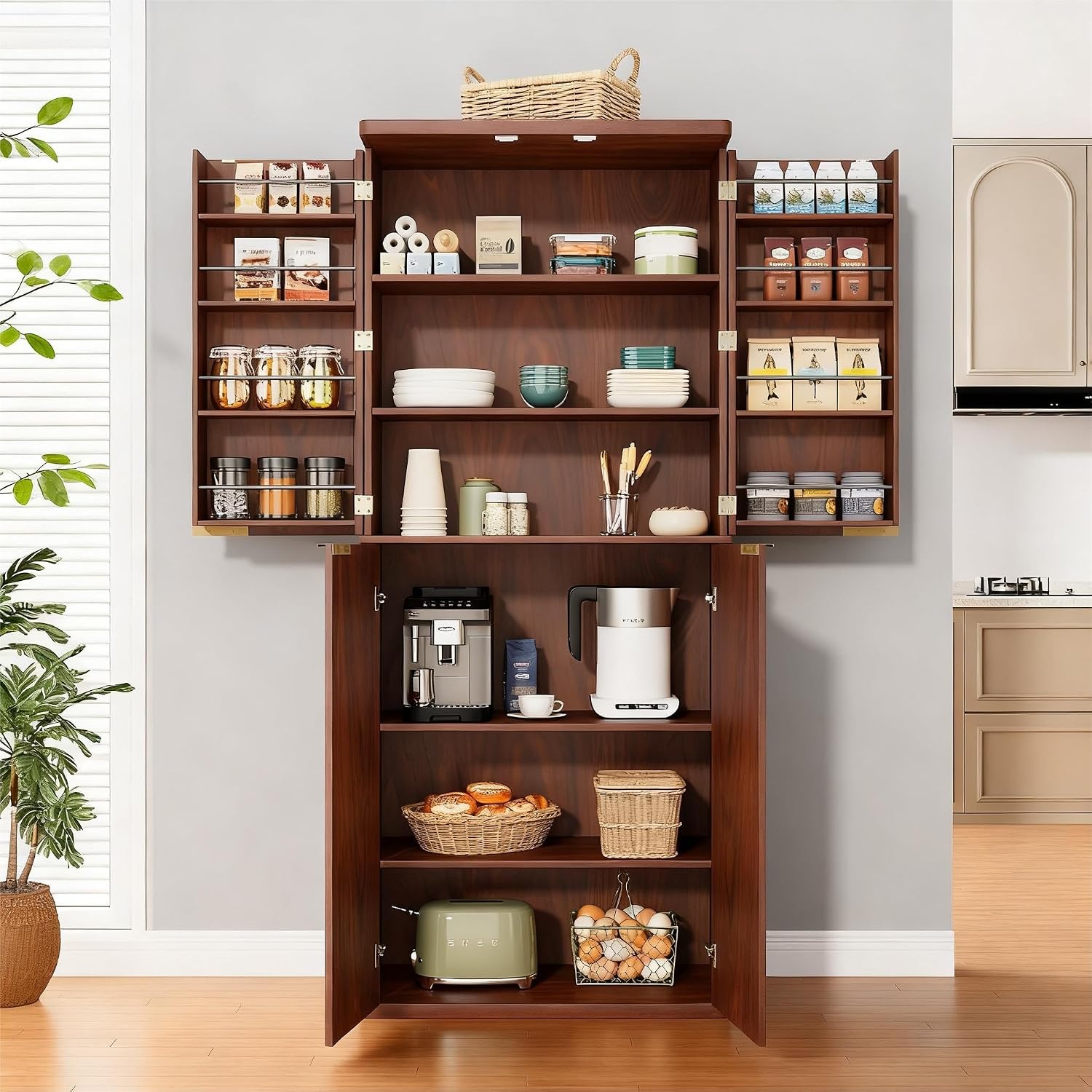 72" Tall Kitchen Pantry Cabinet, Modern Fluted Wood Storage Cabinet with Doors and 6 Shelves, 8 Door Shelves, Cupboard for Kitchen, Dining Room, Living Room and Bathroom, Walnut