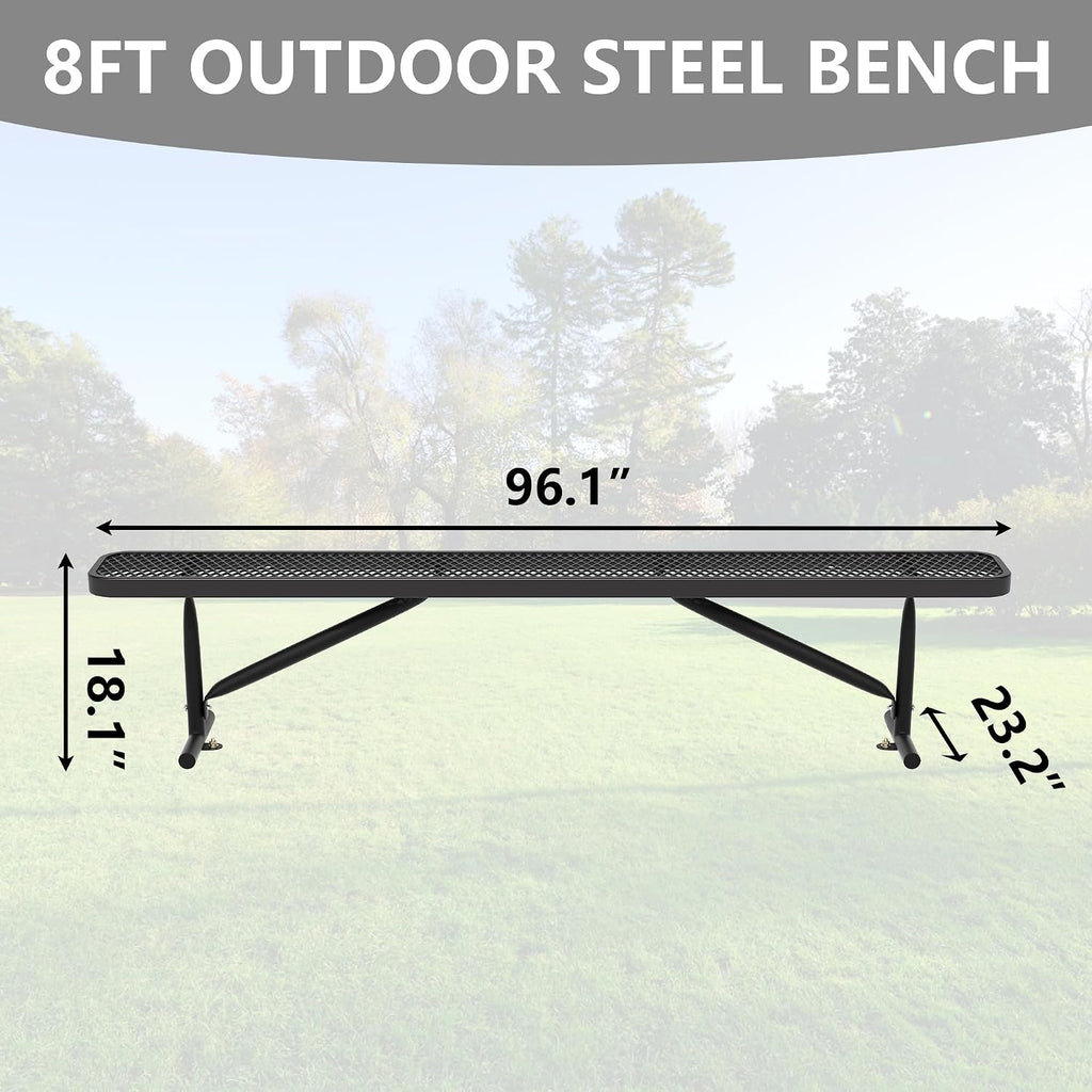 8FT Outdoor Bench, Metal Park Bench for Sitting Area Convert a Bench Heavy-Duty School Benches Commercial Rectangular Bench for Patio Porch Backyard Sports Church Locker Room Shopping Centers