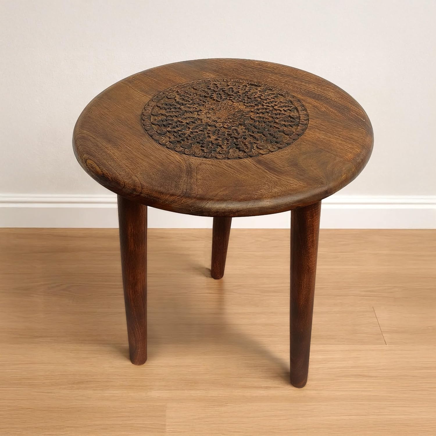 TUP THE URBAN PORT AMA 22 Inch Side End Table, Round Top, Indian Mandala Floral Carving, 3 Legs, Brown Mango Wood